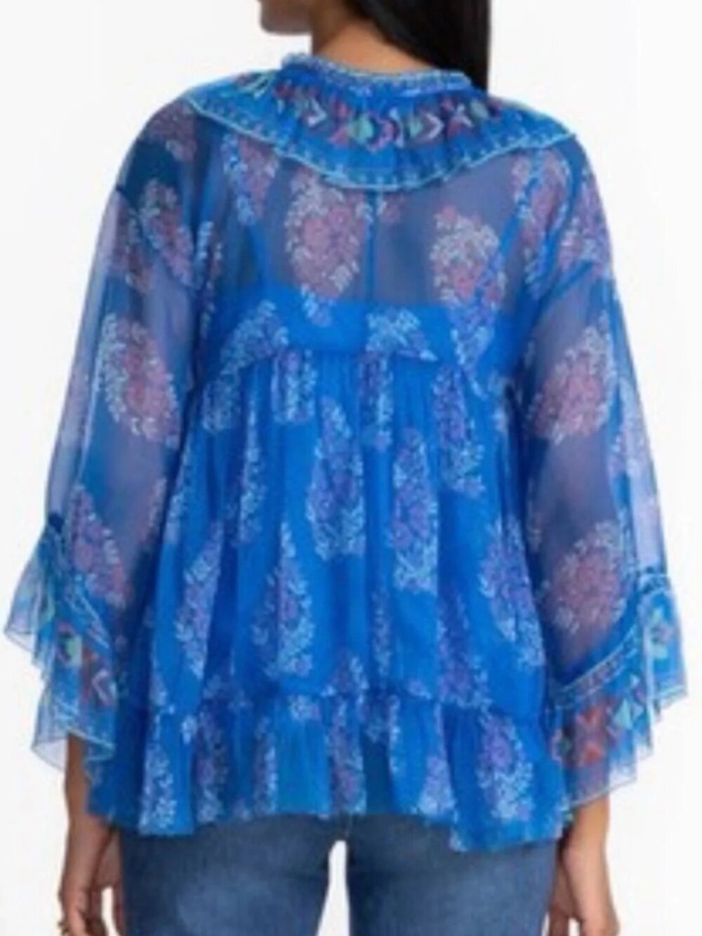 Johnny Was Jade Blue Floral Silk Ruffle Peasant Blouse Tunic Sz. Small - Picture 2 of 5